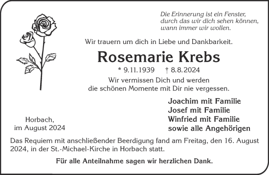 Traueranzeige von Rosemarie Krebs von Mittelhessen-Bote
