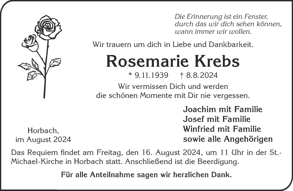  Traueranzeige für Rosemarie Krebs vom 14.08.2024 aus Gelnhäuser Neue Zeitung