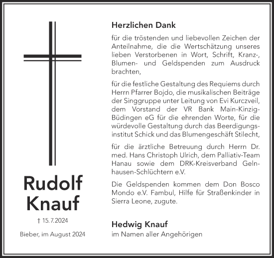 Traueranzeige von Rudolf Knauf von Gelnhäuser Neue Zeitung