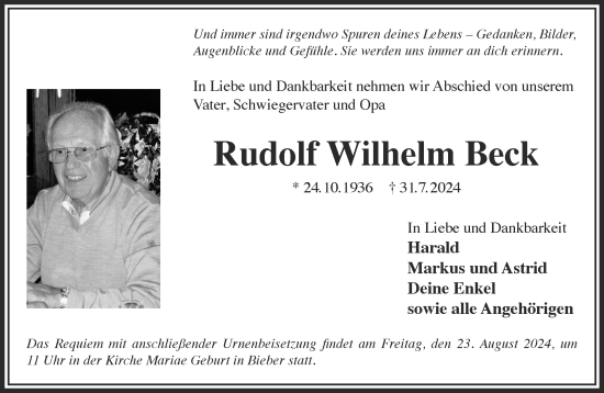 Traueranzeige von Rudolf Wilhelm Beck von Gelnhäuser Neue Zeitung
