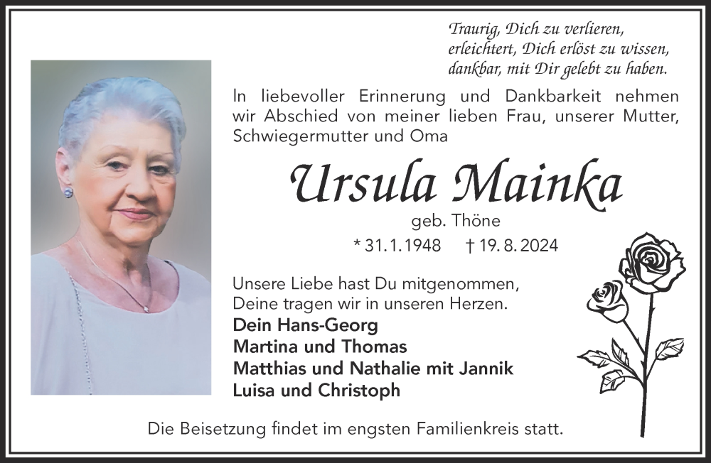  Traueranzeige für Ursula Mainka vom 24.08.2024 aus Gelnhäuser Neue Zeitung