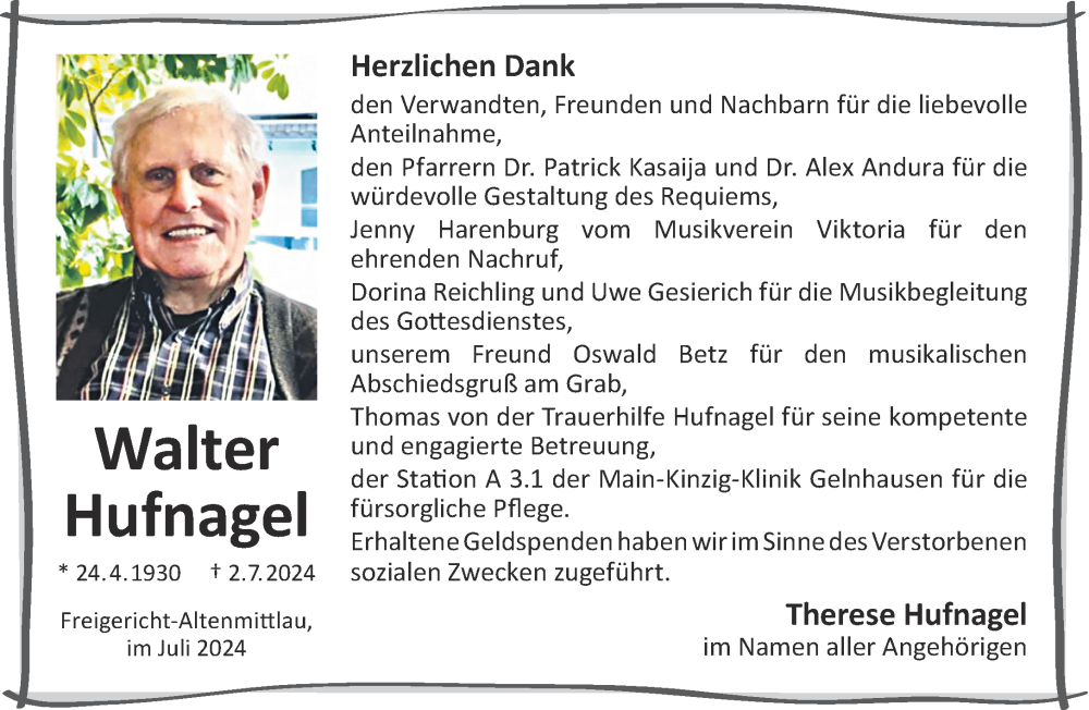  Traueranzeige für Walter Hufnagel vom 31.08.2024 aus Gelnhäuser Neue Zeitung