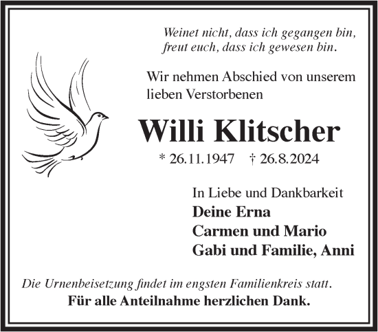 Traueranzeige von Willi Klitscher von Gelnhäuser Neue Zeitung