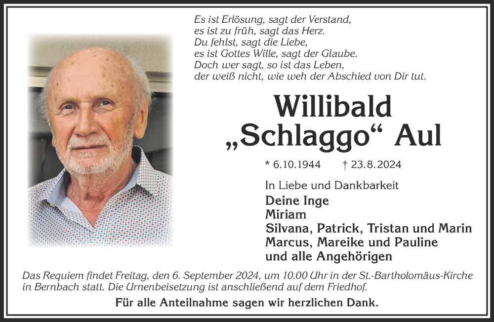  Traueranzeige für Willibald Aul vom 31.08.2024 aus Gelnhäuser Neue Zeitung