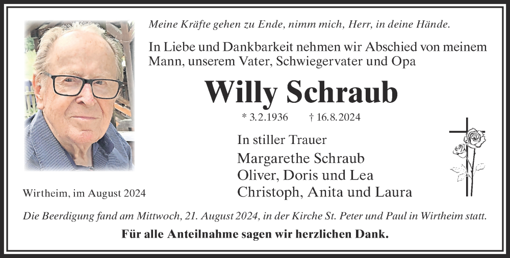  Traueranzeige für Willy Schraub vom 24.08.2024 aus Mittelhessen-Bote