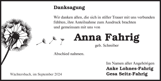Traueranzeige von Anna Fahrig von Mittelhessen-Bote