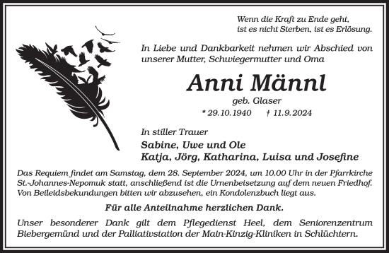 Traueranzeige von Anni Männl von Mittelhessen-Bote