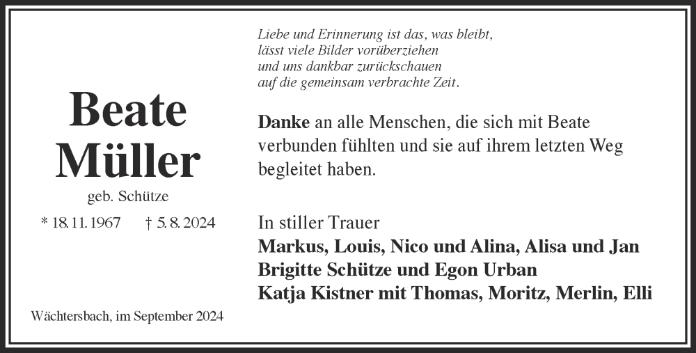  Traueranzeige für Beate Müller vom 07.09.2024 aus Gelnhäuser Neue Zeitung