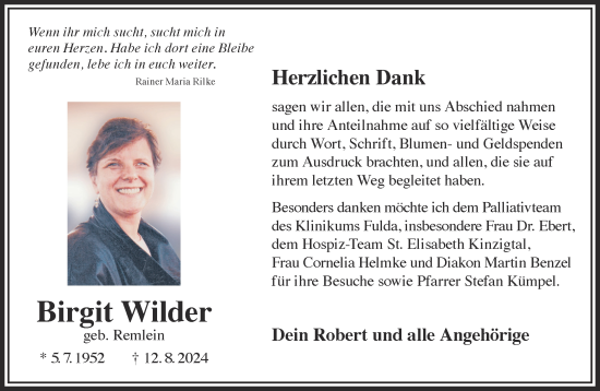 Traueranzeige von Birgit Wilder von Gelnhäuser Neue Zeitung