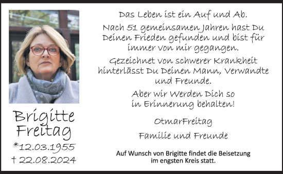Traueranzeige von Brigitte Freitag von Mittelhessen-Bote