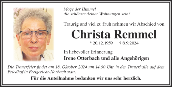 Traueranzeige von Christa Remmel von Gelnhäuser Neue Zeitung