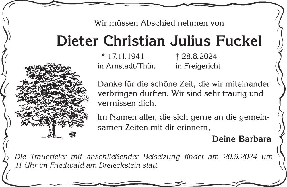  Traueranzeige für Dieter Christian Julius  Fuckel vom 07.09.2024 aus Gelnhäuser Neue Zeitung