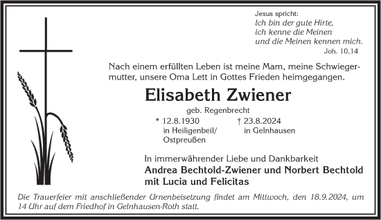 Traueranzeige von Elisabeth Zwiener von Gelnhäuser Neue Zeitung