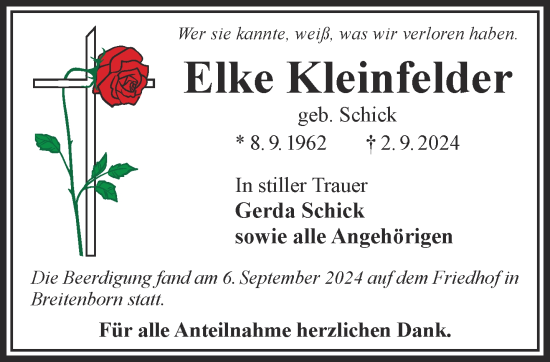 Traueranzeige von Elke Kleinfelder von Mittelhessen-Bote