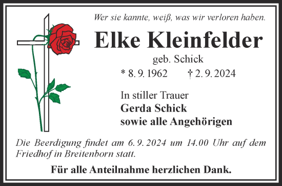 Traueranzeige von Elke Kleinfelder von Gelnhäuser Neue Zeitung