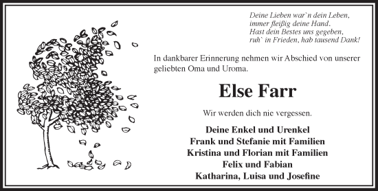 Traueranzeige von Else Farr von Gelnhäuser Neue Zeitung