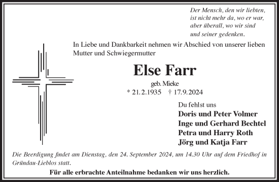 Traueranzeige von Else Farr von Gelnhäuser Neue Zeitung