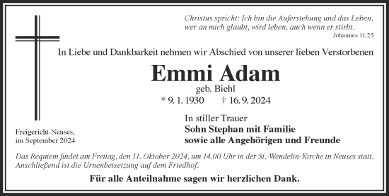 Traueranzeige von Emmi Adam von Gelnhäuser Neue Zeitung
