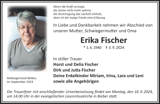 Traueranzeige von Erika Fischer von Gelnhäuser Neue Zeitung