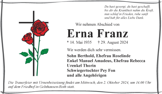 Traueranzeige von Erna Franz von Mittelhessen-Bote