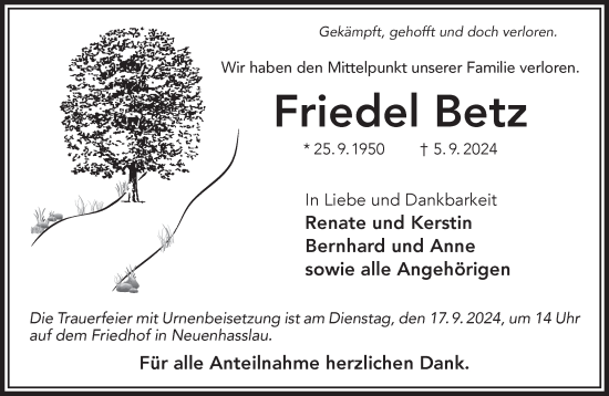 Traueranzeige von Friedel Betz von Gelnhäuser Neue Zeitung