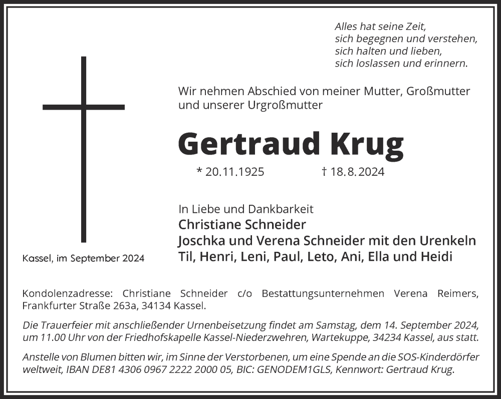  Traueranzeige für Gertraud Krug vom 07.09.2024 aus Gelnhäuser Neue Zeitung