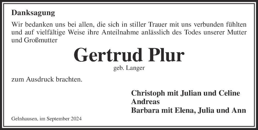  Traueranzeige für Gertrud Plur vom 07.09.2024 aus Gelnhäuser Neue Zeitung