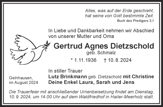 Traueranzeige von Gertrud Agnes Dietzschold von Mittelhessen-Bote
