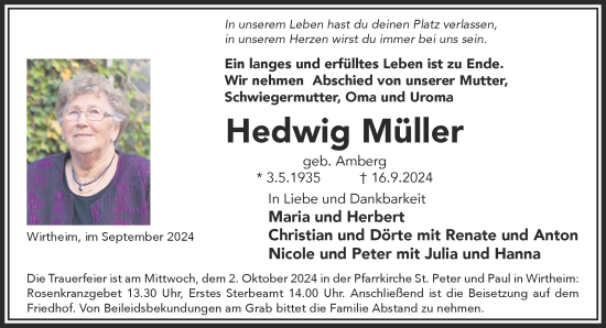Traueranzeige von Hedwig Müller von Gelnhäuser Neue Zeitung