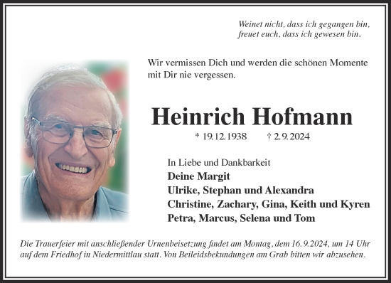 Traueranzeige von Heinrich Hofmann von Gelnhäuser Neue Zeitung