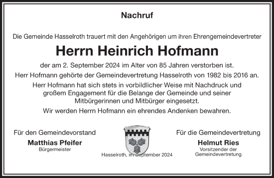 Traueranzeige von Heinrich Hofmann von Gelnhäuser Neue Zeitung