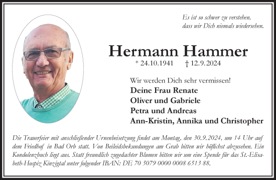 Traueranzeige von Hermann Hammer von Gelnhäuser Neue Zeitung