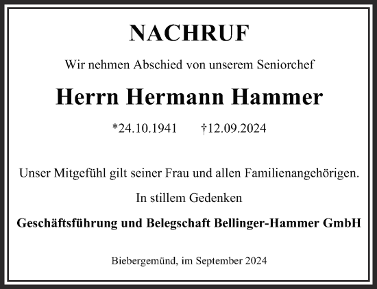 Traueranzeige von Hermann Hammer von Mittelhessen-Bote