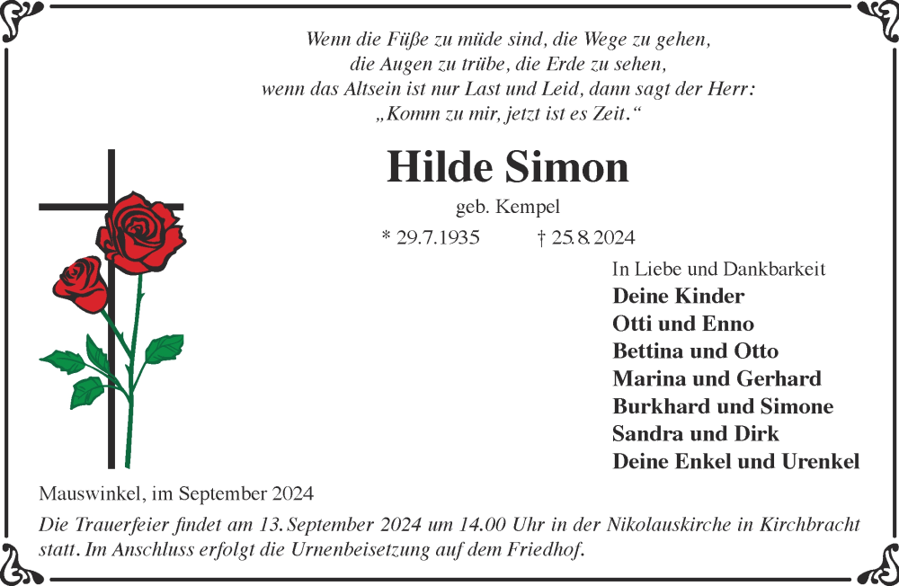  Traueranzeige für Hilde Simon vom 07.09.2024 aus Gelnhäuser Neue Zeitung