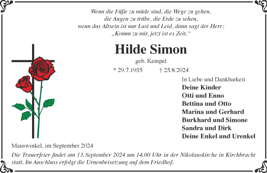 Traueranzeige von Hilde Simon von Gelnhäuser Neue Zeitung