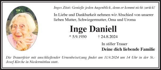 Traueranzeige von Inge Daniell von Gelnhäuser Neue Zeitung