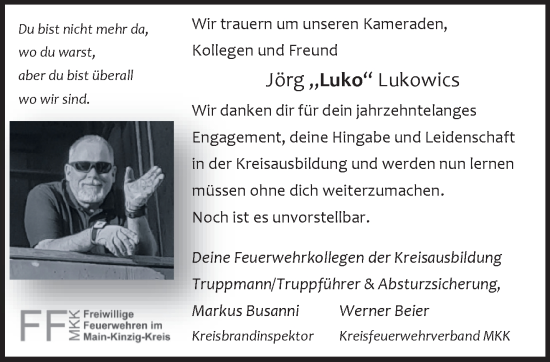 Traueranzeige von Jörg Lukowics von Gelnhäuser Neue Zeitung