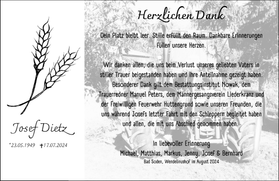 Traueranzeige von Josef Dietz von Gelnhäuser Neue Zeitung