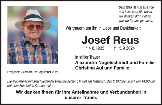 Traueranzeige von Josef Reus von Gelnhäuser Neue Zeitung