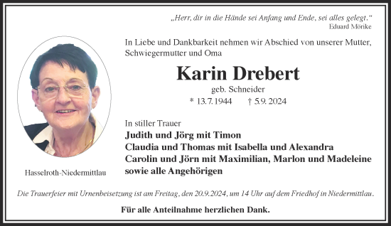 Traueranzeige von Karin Drebert von Gelnhäuser Neue Zeitung
