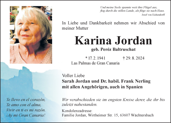 Traueranzeige von Karina Jordan von Gelnhäuser Neue Zeitung