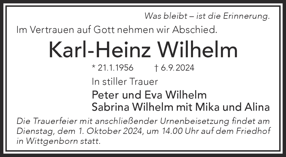  Traueranzeige für Karl-Heinz Wilhelm vom 21.09.2024 aus Gelnhäuser Neue Zeitung