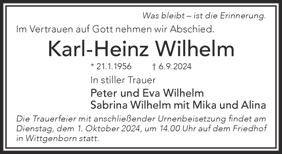Traueranzeige von Karl-Heinz Wilhelm von Gelnhäuser Neue Zeitung