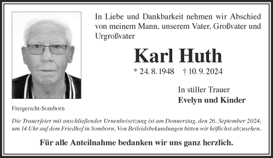 Traueranzeige von Karl Huth von Gelnhäuser Neue Zeitung