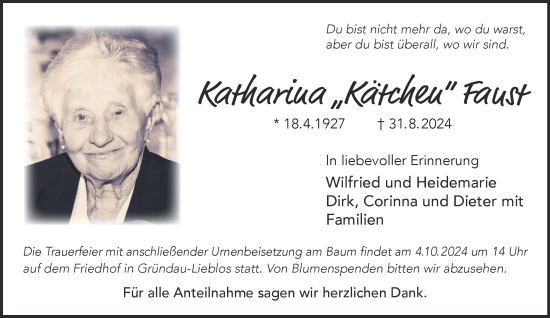 Traueranzeige von Katharina Faust von Gelnhäuser Neue Zeitung