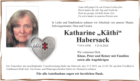 Traueranzeige von Katharine Habersack von Gelnhäuser Neue Zeitung
