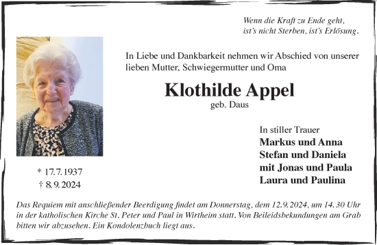 Traueranzeige von Klothilde Appel von Gelnhäuser Neue Zeitung