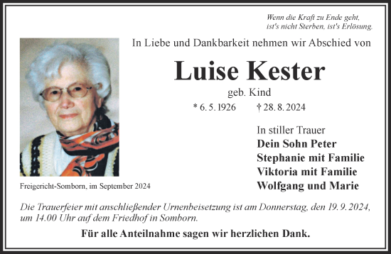 Traueranzeige von Luise Kester von Gelnhäuser Neue Zeitung