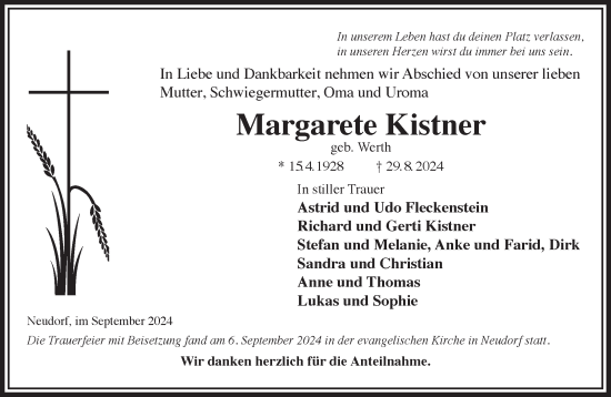 Traueranzeige von Margarete Kistner von Mittelhessen-Bote