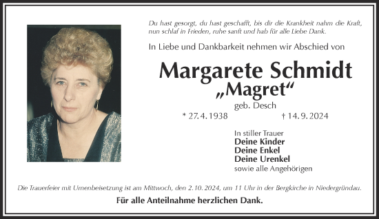 Traueranzeige von Margarete Schmidt von Mittelhessen-Bote